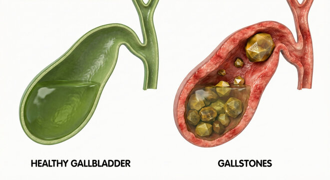 Healthy Gallbladder vs Gallstones Disease Anatomy Illustration