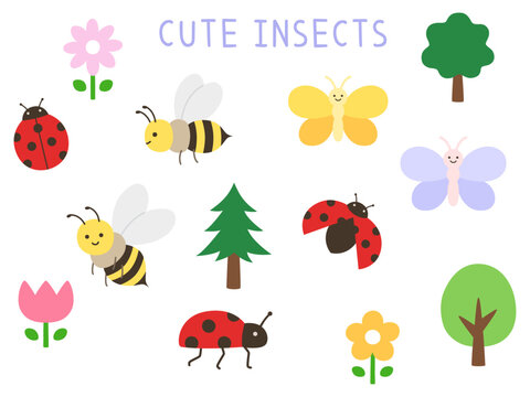 かわいい虫のベクターイラストセット。ミツバチ、テントウムシ、蝶