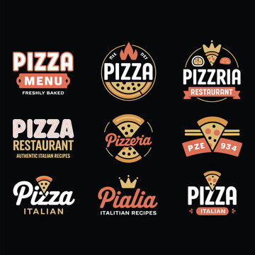 Nine pizza restaurant on black background with various and colors 1