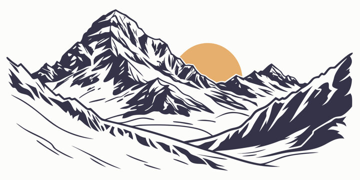 Majestic mountains with a glowing sun behind them, creating a serene and peaceful scene.
