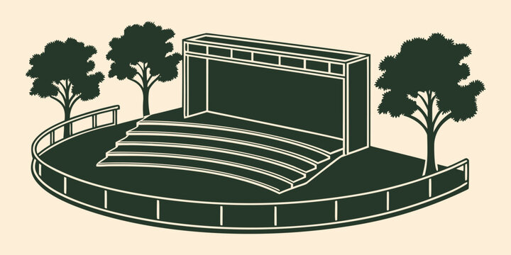 Outdoor Amphitheater Stage Vector Illustration Isolated on Beige Background, Open Air Theater Silhouette, Concert Stage and Seating Vector
