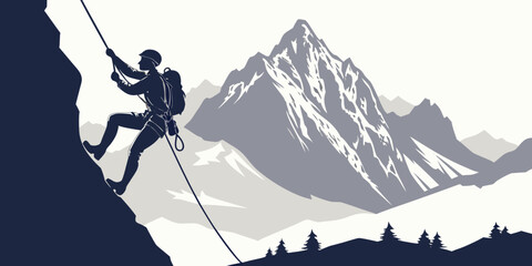 A climber ascends a steep mountain face with a rope and harness. © Mamun