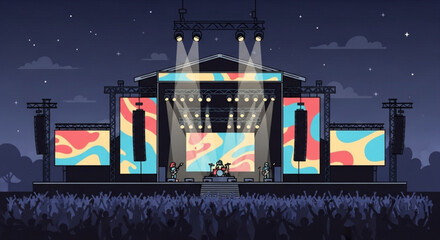 Concert Stage with Colorful LED Screens at Night, Outdoor Music Festival