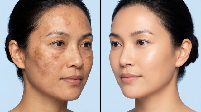 Split image compares a woman's face with severe hyperpigmentation to the same face after successful skin lightening therapy.