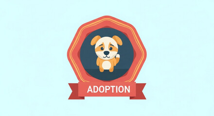 Cute Cartoon Dog Adoption Badge with Red Ribbon and White Background