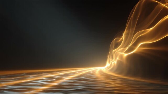 Radiant Golden Light Ribbon Cutting Through Deep Black Space. Plasma Filament, Electric Surge, Photon Streak.
