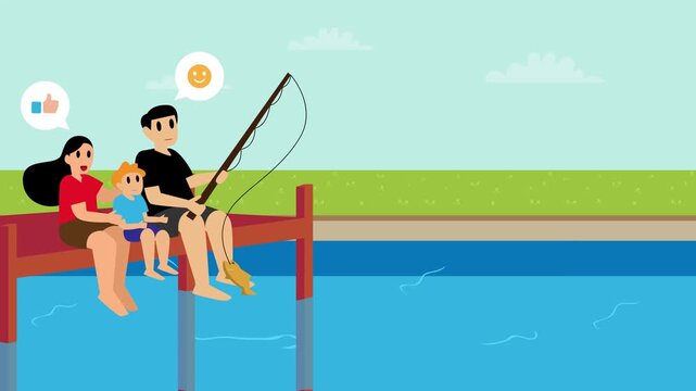Happy Family Fishing Together on Wooden Pier cartoon animation