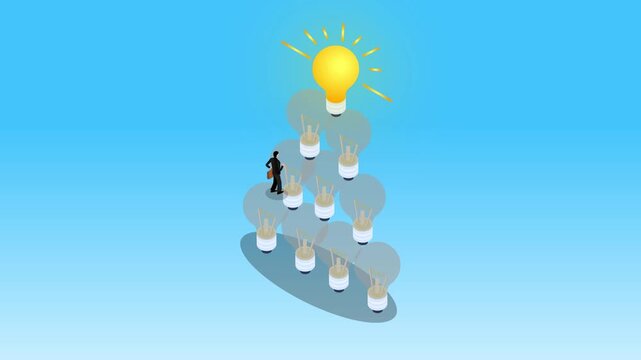 Businessman Climbing Lightbulb Pyramid to Reach a Bright Idea 3d animation cartoon