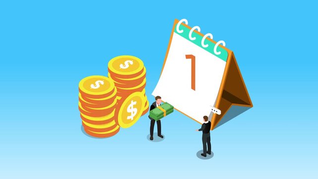 Financial Planning and Monthly Payment Concept with Business People, Coins, and Large Calendar 3d animation cartoon