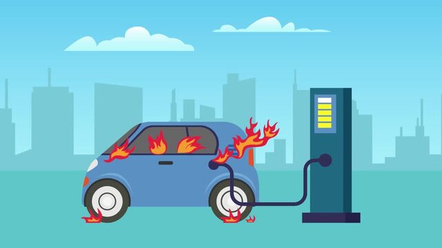 Electric Car Catching Fire While Charging at EV Station with City Skyline cartoon animation
