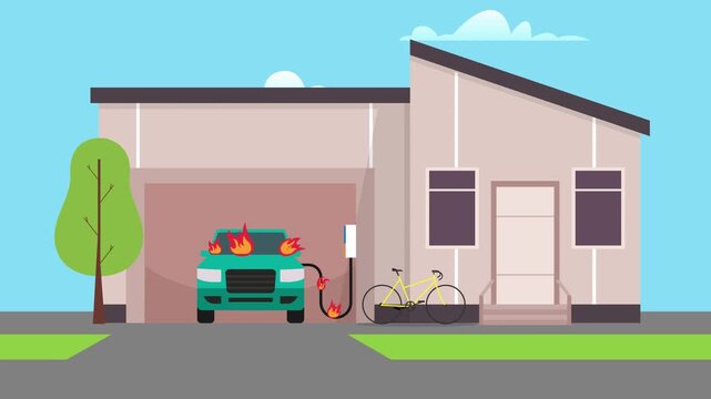 Electric Vehicle Battery Fire Incident While Charging in Residential Garage - EV Safety and Risk cartoon animation