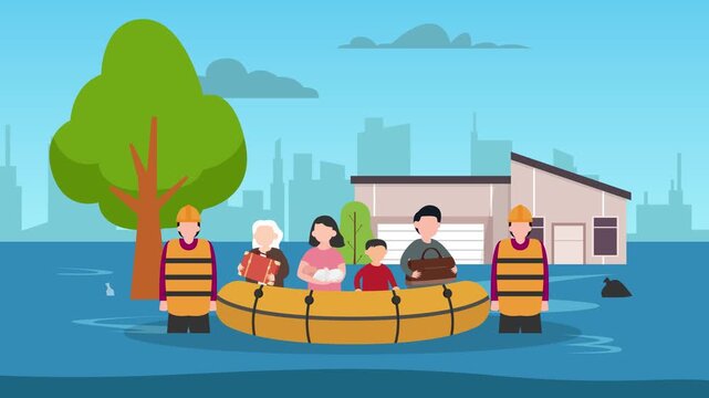 Emergency Rescue Team Evacuating Family by Inflatable Boat During City Flood Disaster cartoon animation
