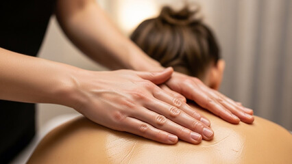 Close-up of a professional massage therapist giving a back massage to a client.