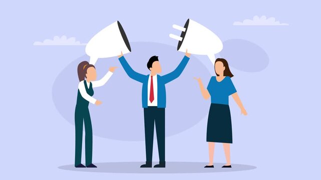 Workplace Communication and Mediation Concept: Businessman Connecting Speech Bubble Plugs Between Colleagues cartoon animation