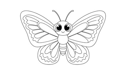 Charming butterfly coloring page featuring a cute character with large eyes and intricate wing patterns for children and creativity.