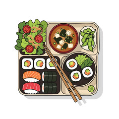 Sushi Meal with Salad and Chopsticks