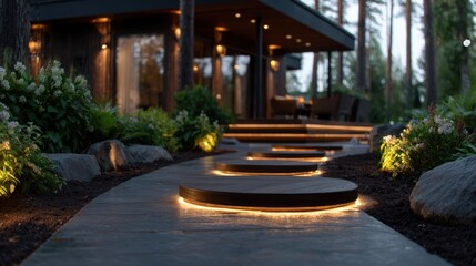 A beautifully lit outdoor pathway leading to an elegant modern home, surrounded by lush greenery, providing a tranquil and inviting atmosphere.