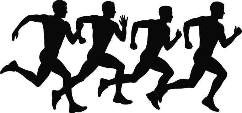 Four male runners are shown in silhouette running forward together in a synchronized motion