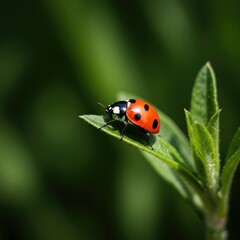 Detailed close up of a small spotted ladybird beetle crawling across the bright green leaves of flowering garden herbage under natural sunlight ,foliage ,bright ,vegetation