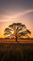 Fototapeta premium Majestic Oak Tree Silhouetted Against a Vibrant Sunset Sky.