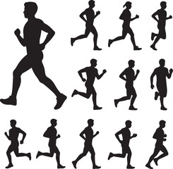 Set Of Running Silhouettes In Motion Pose