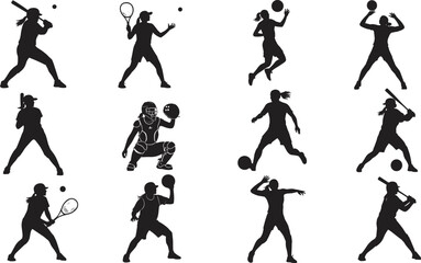 Silhouettes of athletes playing ball sports including baseball, tennis, basketball, and volleyball, showcasing dynamic action poses and athletic movement in black outlines