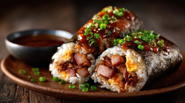 Delicious sushi rolls filled with savory ingredients, glazed with a rich sauce, and topped with green onions, presented beautifully on a wooden plate.