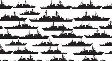 Silhouettes of military naval ships arranged in grid formation, showcasing warship profiles with radar masts, antennas, and weapon systems in black outlines © iTZ mE