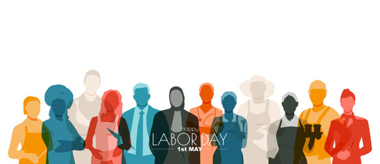 Happy Labor Day banner. People of different professions together. 