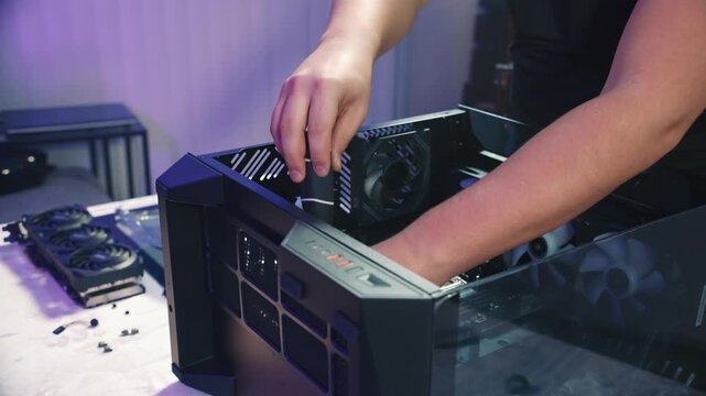 Unscrewing motherboard screws using an screwdriver inside an open desktop computer case during assembly or disassembly process
