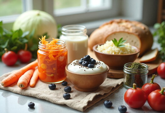 healthy diet, fermented foods in the foreground: vegan kimchi, vegan yogurt, kefir,  sauerkraut and freshly aked sourdough bread