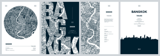 Fototapeta premium Set of travel posters design with street plan Bangkok, Thailand, Silhouette city skyline, vector artwork, Black and white printable detailed urban city map
