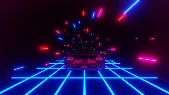 80s retrowave car driving through neon landscape for music videos, synthwave content, and VJ performances. Vintage cyberpunk vaporwave aesthetic. Seamless loop in 4K.