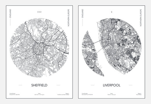 Detailed Sheffield and Liverpool city street map in a circle, black and white printable travel urban poster, vector illustration of England cities, UK