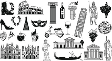 Large collection of black Italy silhouettes featuring Colosseum Leaning Tower of Pisa Roman soldier gondola pizza wine bottle and scooter isolated on white background. © Itz  Parvin