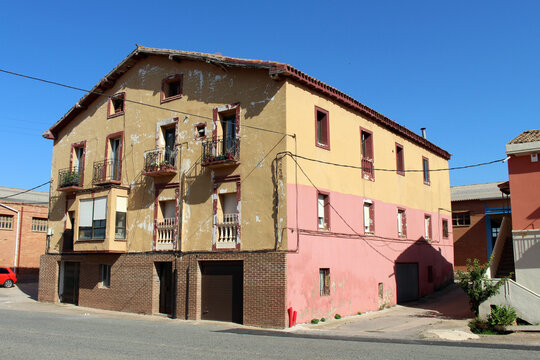 Street view around Navarrete La Rioja Spain featuring residential and commercial buildings along Camino route July 2024