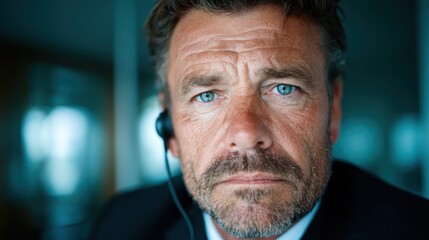 Obraz premium A serious male professional wearing a headset is captured in a modern office, conveying concentration and dedication to his work in this close-up shot.