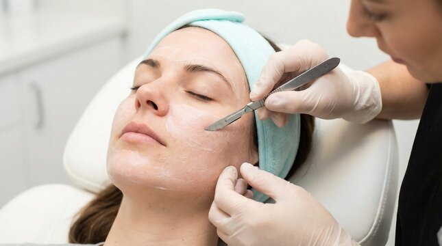 Dermatologist uses a small scalpel tool for dermaplaning procedure on a woman's cheek during a professional cosmetic skin treatment session.