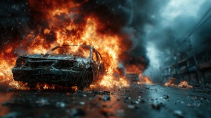 This dramatic image of a charred car engulfed in flames amidst a chaotic background emphasizes destruction and loss, capturing the intensity of a fiery situation.