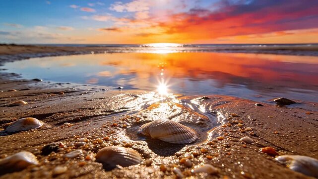 Sunset beach with shells and wet sand reflections