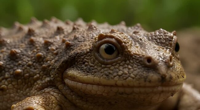 Detailed closeup of a brown bumpy toad showing its skin and eye