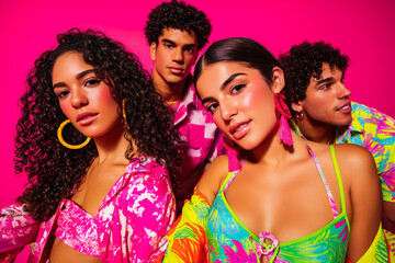 Obraz premium Happy dynamic Gen Z friends smiling in colorful trendy clothes on vivid pink background. Vibrant youth culture concept with copy space for media.