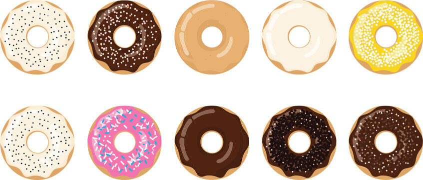 Glazed Donut Collection Set. Chocolate, Sugar and Sprinkle Ring Donuts Illustration. Flat Bakery Dessert Vector for Cafe Menu and Sweet Food Design.