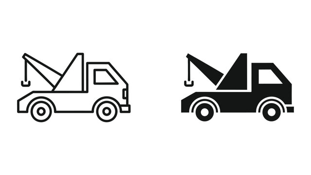 Tow truck outline and silhouette illustration set