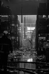 Burnt warehouse. Consequences of the fire.