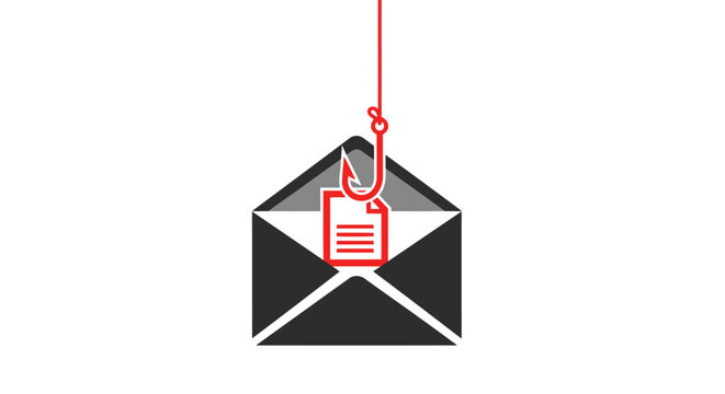 Minimalist phishing attack icon &mdash; email envelope with hook pulling data file flat vector red grey