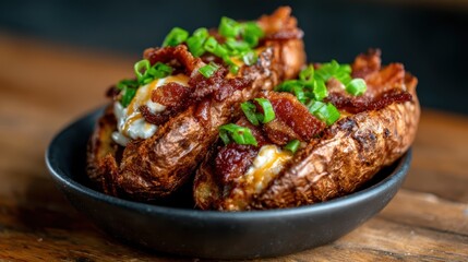 Delicious twice baked potatoes topped with crunchy bacon and fresh green onions, perfect for a comfort food dish or side, ready to delight your taste buds and satisfy hunger.