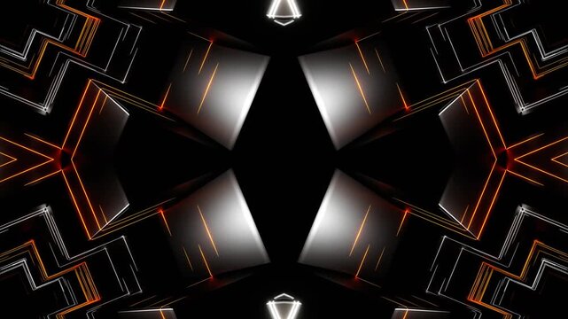 White and Orange Futuristic Dark Neon Kaleidoscope Background VJ Loop in 4K