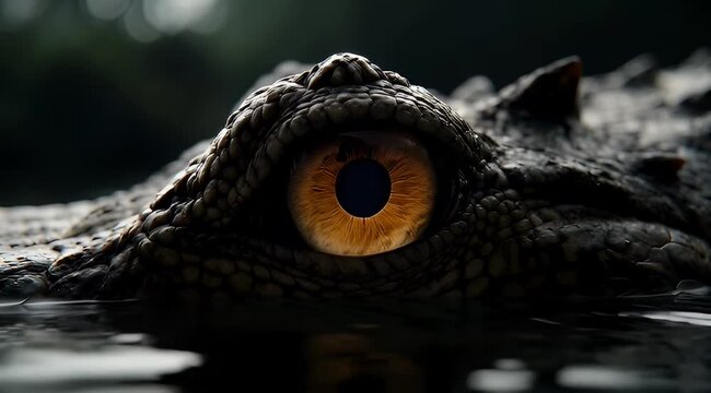 Intense stare of the alligator or crocodile with golden eye, submerged in water