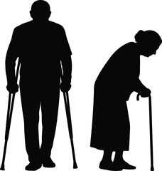 Silhouettes of an older man with forearm crutches and a senior woman supported by a single cane